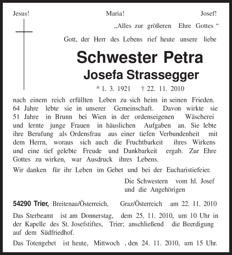  Traueranzeige für Petra Josefa Strassegger vom 24.11.2010 aus TRIERISCHER VOLKSFREUND