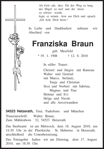 Traueranzeige von Franziska Braun von TRIERISCHER VOLKSFREUND