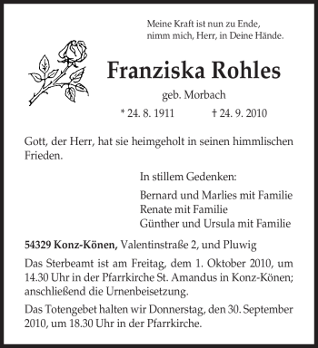 Traueranzeige von Franziska Rohles von TRIERISCHER VOLKSFREUND