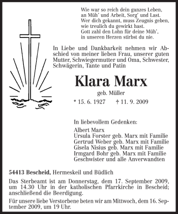 Traueranzeige von Klara Marx von TRIERISCHER VOLKSFREUND