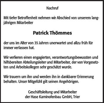 Traueranzeige von Patrik Thömmes von TRIERISCHER VOLKSFREUND