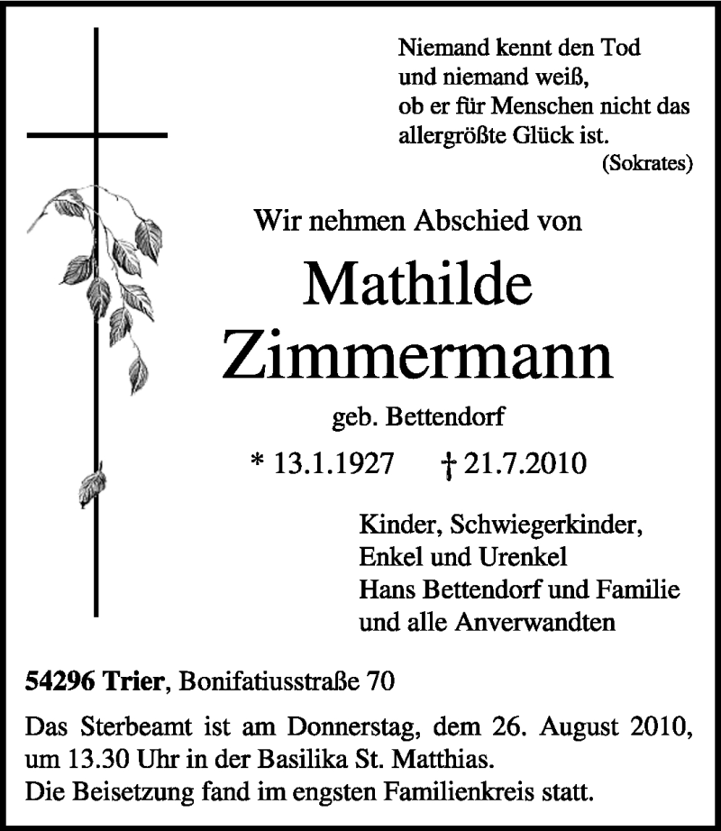  Traueranzeige für Mathilde Zimmermann vom 23.08.2010 aus TRIERISCHER VOLKSFREUND