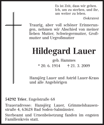 Traueranzeige von Hildegard Lauer von TRIERISCHER VOLKSFREUND
