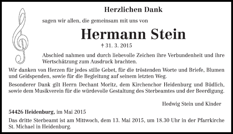  Traueranzeige für Hermann Stein vom 09.05.2015 aus trierischer_volksfreund