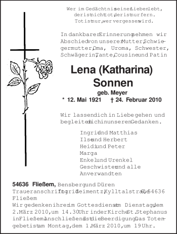 Traueranzeige von Lena Sonnen von TRIERISCHER VOLKSFREUND