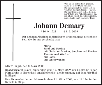 Traueranzeige von Johann Demary von TRIERISCHER VOLKSFREUND