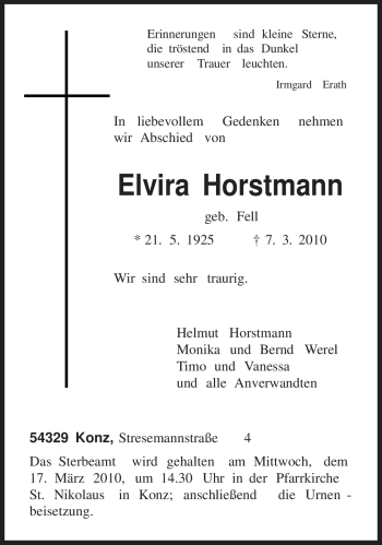 Traueranzeige von Elvira Horstmann von TRIERISCHER VOLKSFREUND