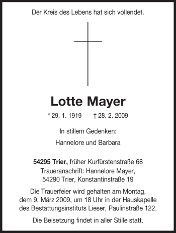 Traueranzeige von Lotte Mayer von TRIERISCHER VOLKSFREUND