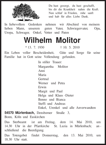 Traueranzeige von Wilhelm Molitor von TRIERISCHER VOLKSFREUND