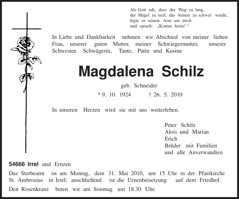  Traueranzeige für Magdalena Schilz vom 28.05.2010 aus TRIERISCHER VOLKSFREUND