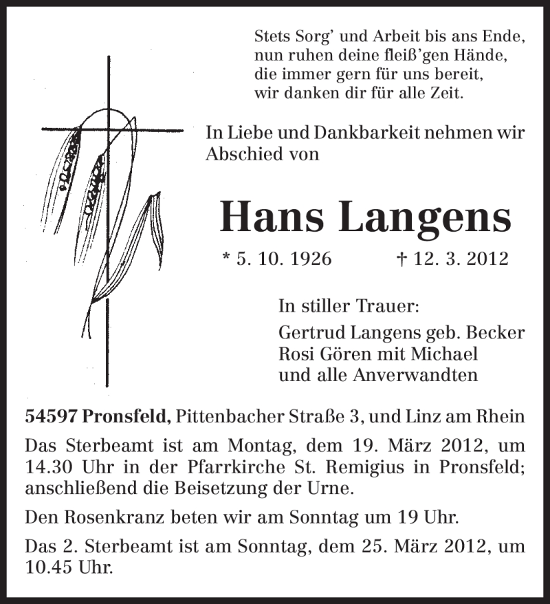  Traueranzeige für Hans Langens vom 15.03.2012 aus TRIERISCHER VOLKSFREUND