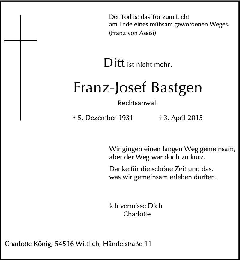  Traueranzeige für Franz-Josef Bastgen vom 08.04.2015 aus trierischer_volksfreund