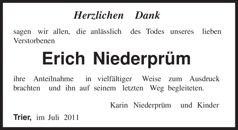  Traueranzeige für Erich Niederprüm vom 30.07.2011 aus TRIERISCHER VOLKSFREUND
