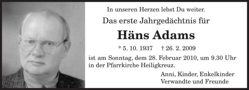  Traueranzeige für Häns Adams vom 26.02.2010 aus TRIERISCHER VOLKSFREUND