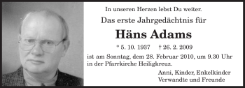 Traueranzeige von Häns Adams von TRIERISCHER VOLKSFREUND