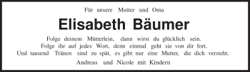 Traueranzeige von Elisabeth Bäumer von TRIERISCHER VOLKSFREUND