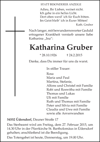 Traueranzeige von Katharina Gruber von trierischer_volksfreund