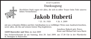 Traueranzeige von Jakob Huberti von TRIERISCHER VOLKSFREUND