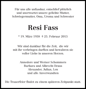 Traueranzeige von Resi Fass von trierischer_volksfreund