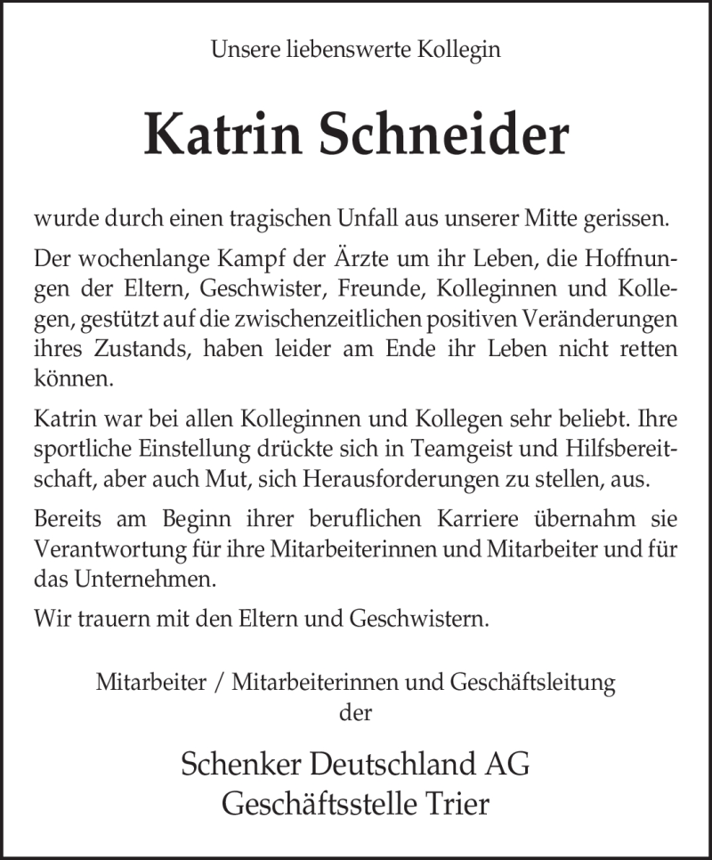  Traueranzeige für Katrin Schneider vom 26.10.2011 aus TRIERISCHER VOLKSFREUND
