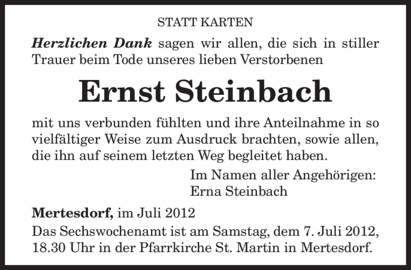  Traueranzeige für Ernst Steinbach vom 04.07.2012 aus TRIERISCHER VOLKSFREUND