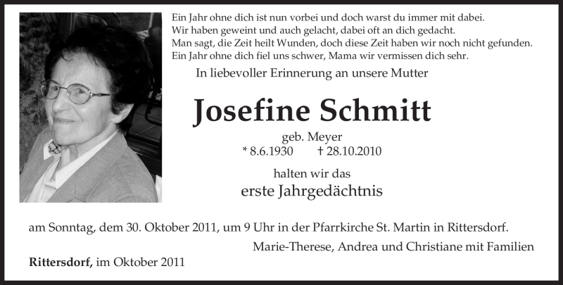  Traueranzeige für Josefine Schmitt vom 25.10.2011 aus TRIERISCHER VOLKSFREUND