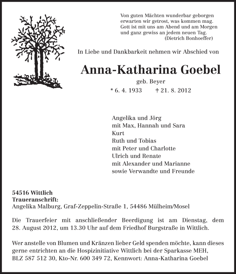  Traueranzeige für Anna-Katharina Goebel vom 25.08.2012 aus TRIERISCHER VOLKSFREUND