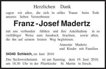 Traueranzeige von Franz-Josef Madertz von TRIERISCHER VOLKSFREUND