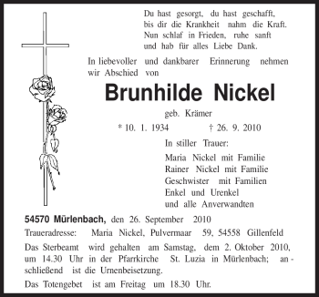 Traueranzeige von Brunhilde Nickel von TRIERISCHER VOLKSFREUND