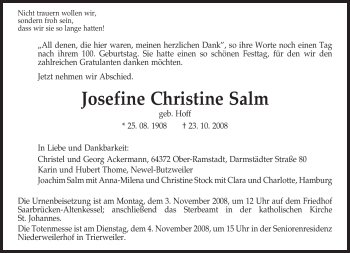Traueranzeige von Josefine Christine Salm von TRIERISCHER VOLKSFREUND