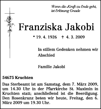 Traueranzeige von Franziska Jakobi von TRIERISCHER VOLKSFREUND