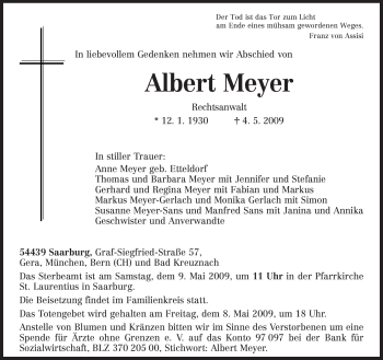 Traueranzeige von Albert Meyer von TRIERISCHER VOLKSFREUND