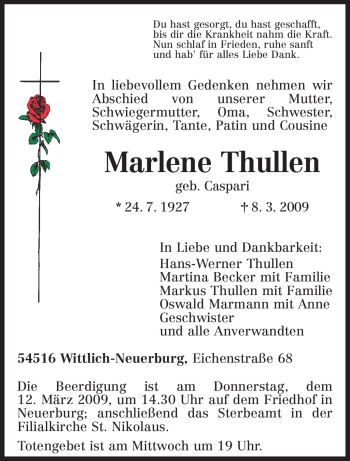 Traueranzeige von Marlene Thullen von TRIERISCHER VOLKSFREUND