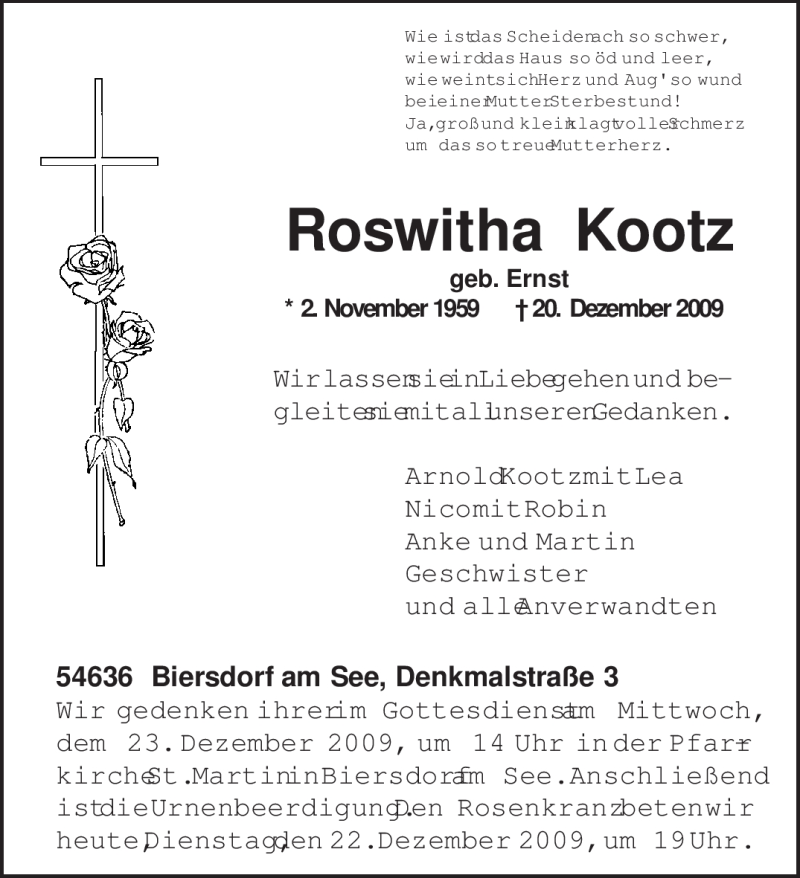  Traueranzeige für Roswitha Kootz vom 22.12.2009 aus TRIERISCHER VOLKSFREUND