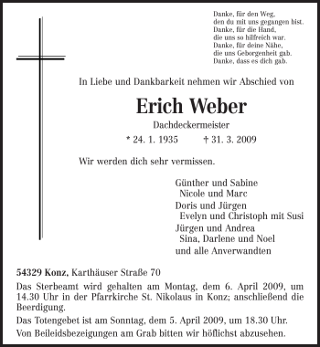 Traueranzeige von Erich Weber von TRIERISCHER VOLKSFREUND
