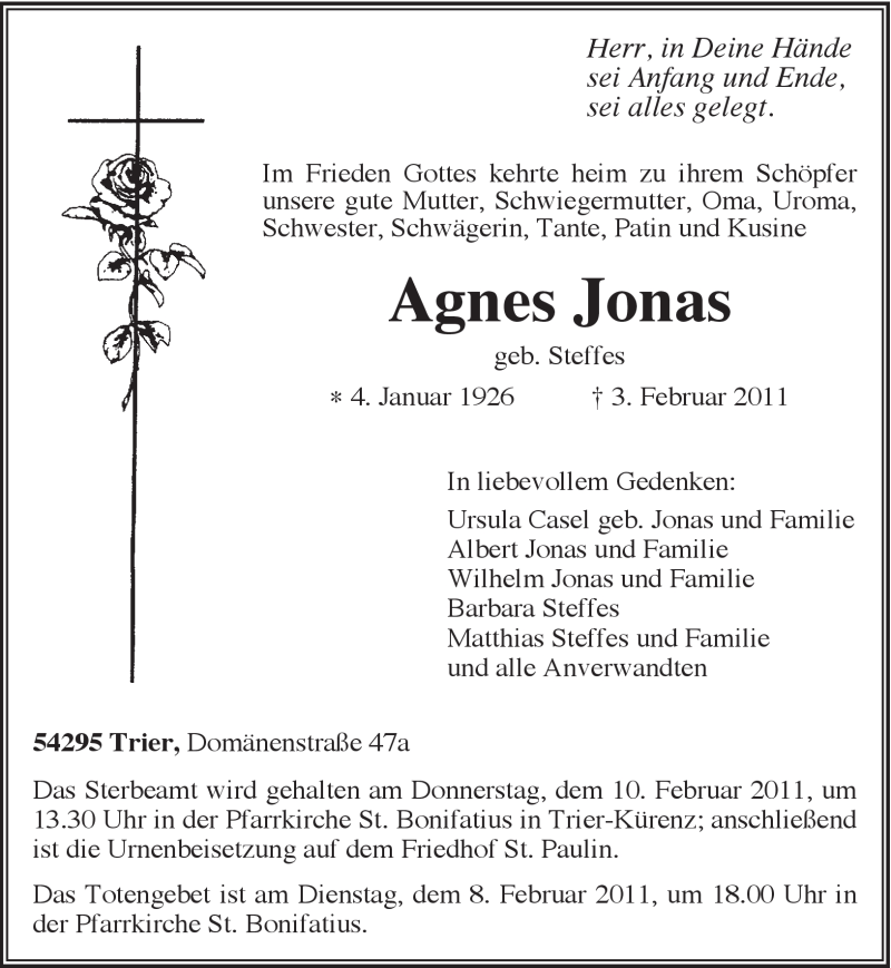 Traueranzeigen von Agnes Jonas | Volksfreund.Trauer.de