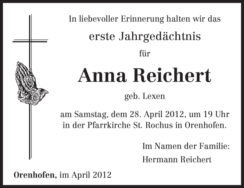  Traueranzeige für Anna Reichert vom 24.04.2012 aus TRIERISCHER VOLKSFREUND