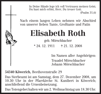 Traueranzeige von Elisabeth Roth von TRIERISCHER VOLKSFREUND