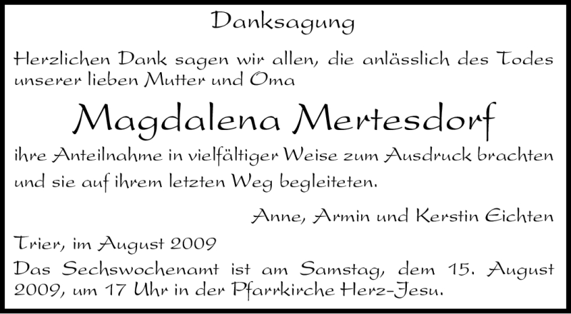  Traueranzeige für Magdalena Mertesdorf vom 12.08.2009 aus TRIERISCHER VOLKSFREUND