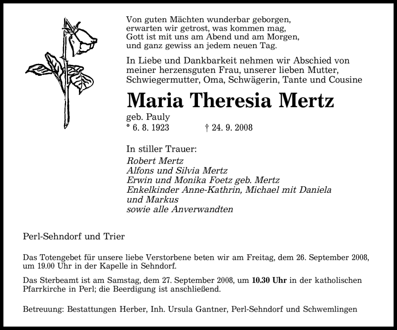  Traueranzeige für Maria Theresia Mertz vom 26.09.2008 aus TRIERISCHER VOLKSFREUND