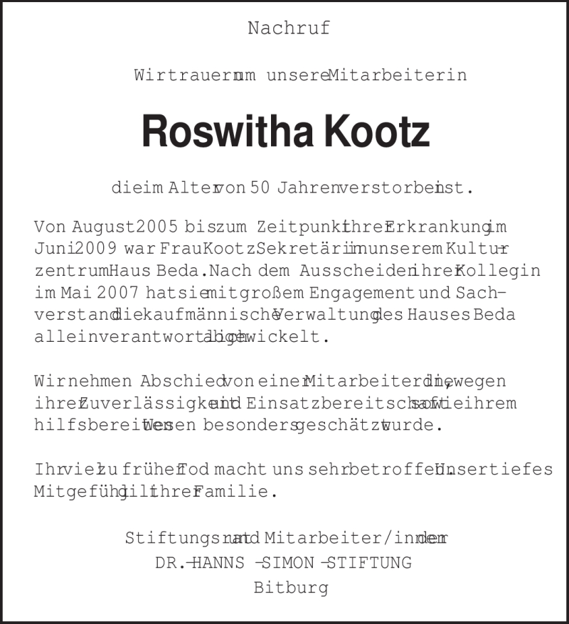  Traueranzeige für Roswitha Kootz vom 22.12.2009 aus TRIERISCHER VOLKSFREUND