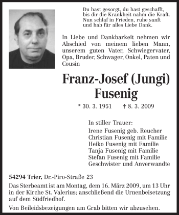 Traueranzeige von Franz-Josef Fusenig von TRIERISCHER VOLKSFREUND