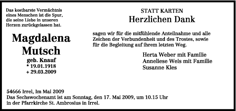  Traueranzeige für Magdalena Mutsch vom 09.05.2009 aus TRIERISCHER VOLKSFREUND