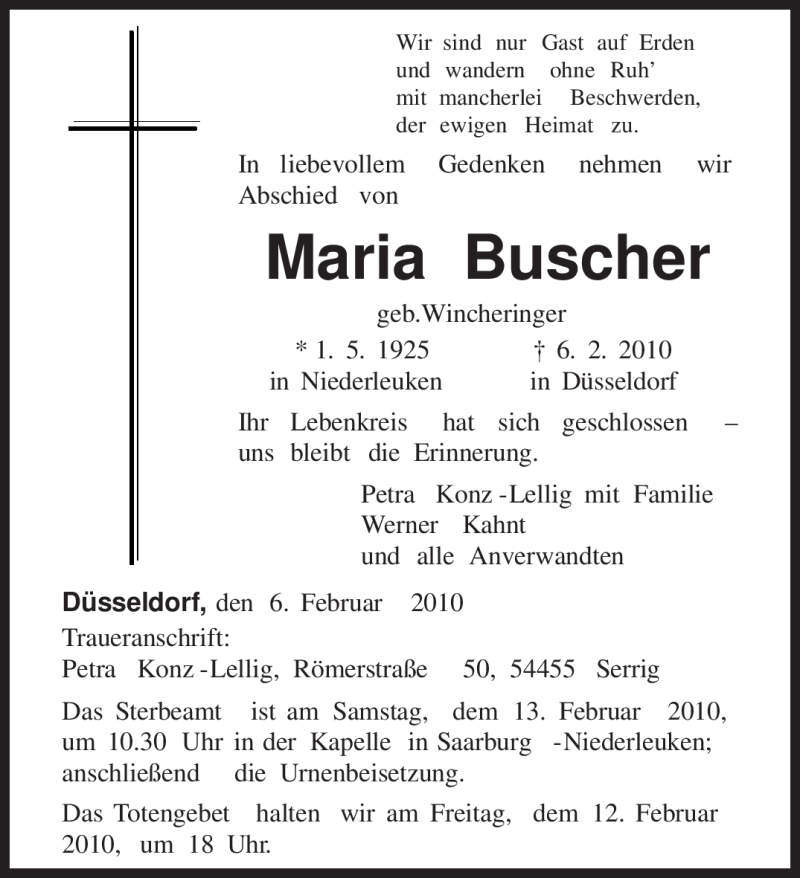  Traueranzeige für Maria Buscher vom 10.02.2010 aus TRIERISCHER VOLKSFREUND