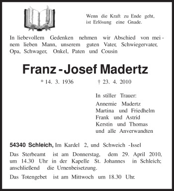 Traueranzeige von Franz-Josef Madertz von TRIERISCHER VOLKSFREUND