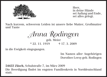 Traueranzeige von Anna Rodingen von TRIERISCHER VOLKSFREUND