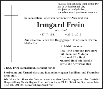Traueranzeige von Irmgard Frein von TRIERISCHER VOLKSFREUND