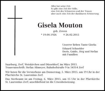 Traueranzeige von Gisela Mouton von trierischer_volksfreund