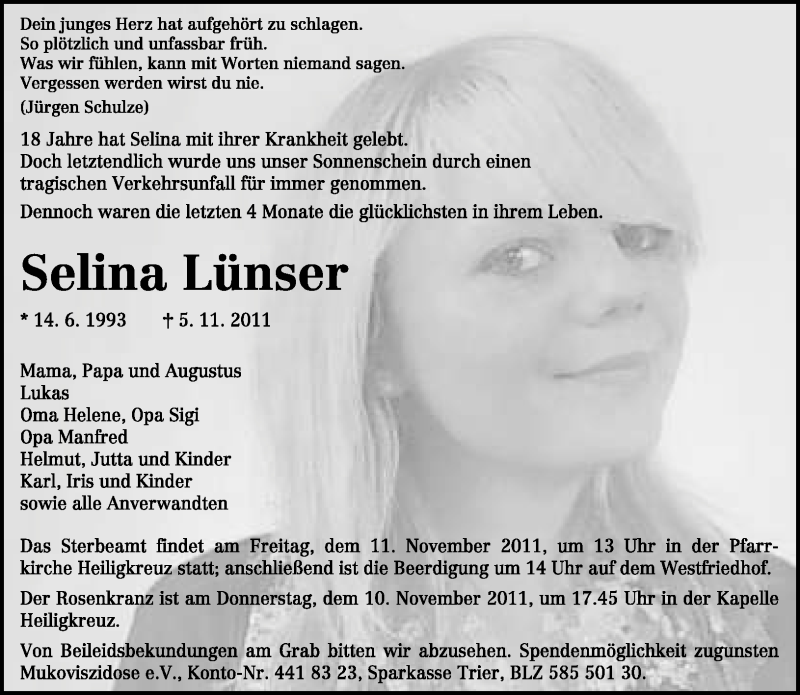  Traueranzeige für Selina Lünser vom 09.11.2011 aus TRIERISCHER VOLKSFREUND