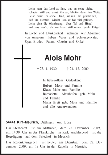 Traueranzeige von Alois Mohr von TRIERISCHER VOLKSFREUND
